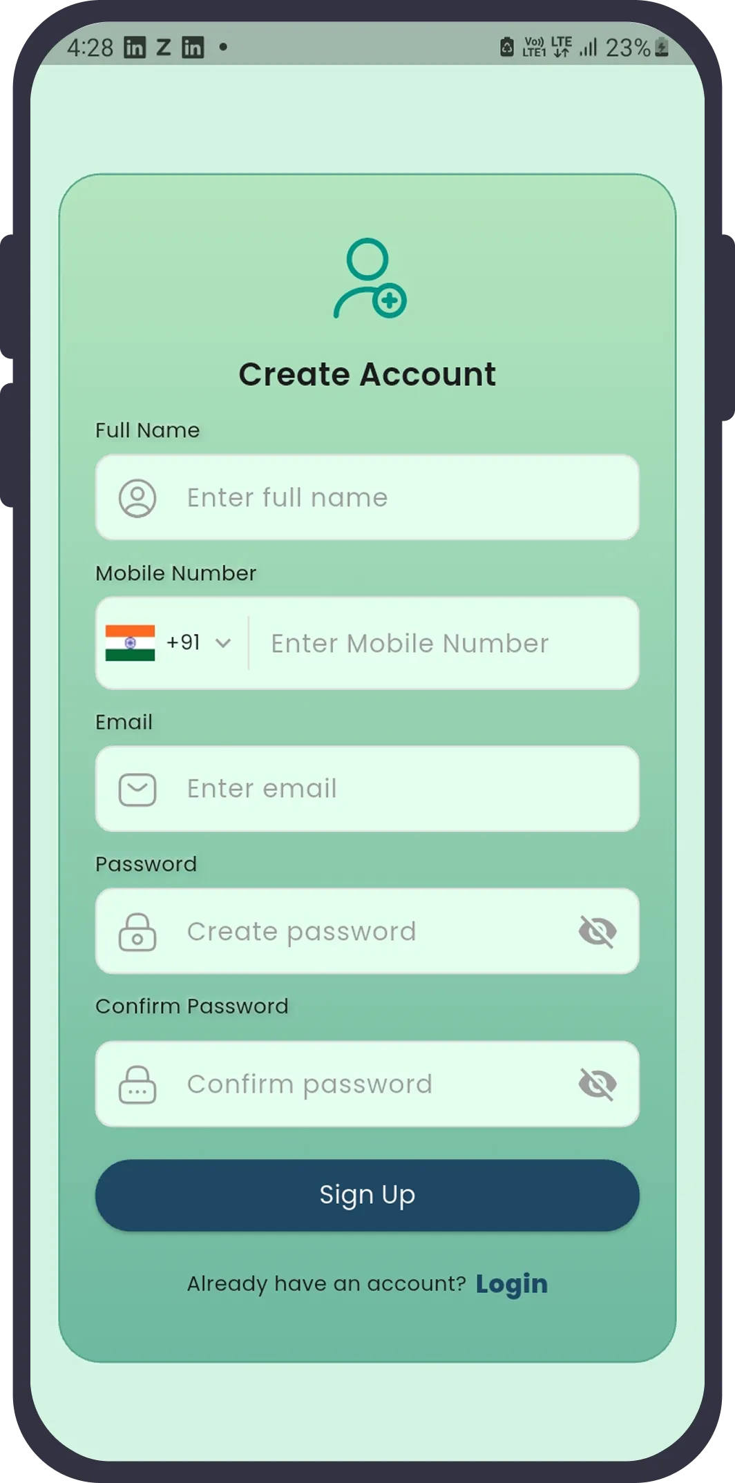sign up screen 